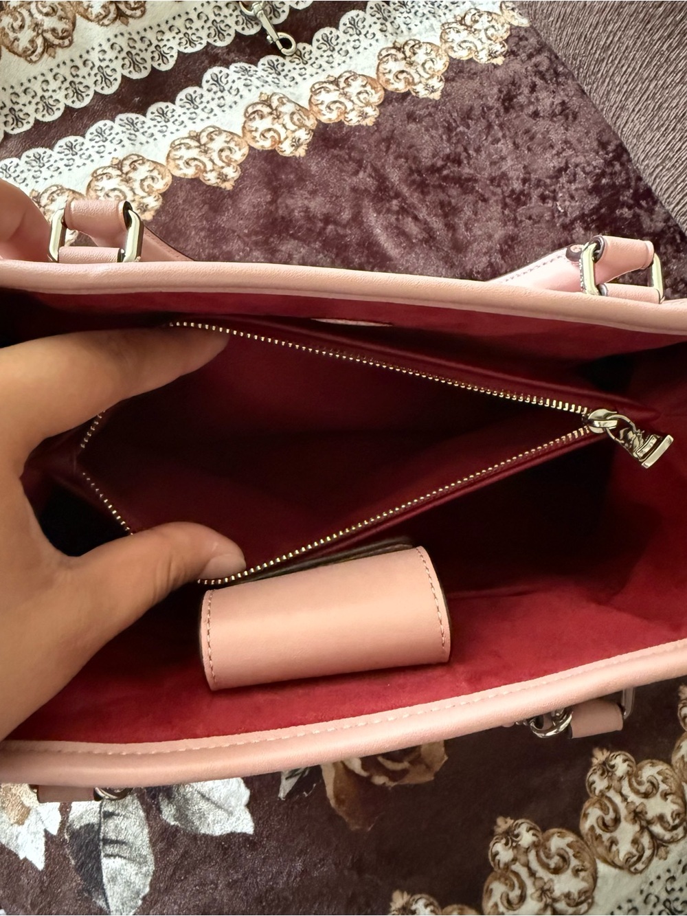 COACH Signature Logo Patent Leather Silver-Tone Margot Blush Pink Carryall Bag - Picture 9 of 15